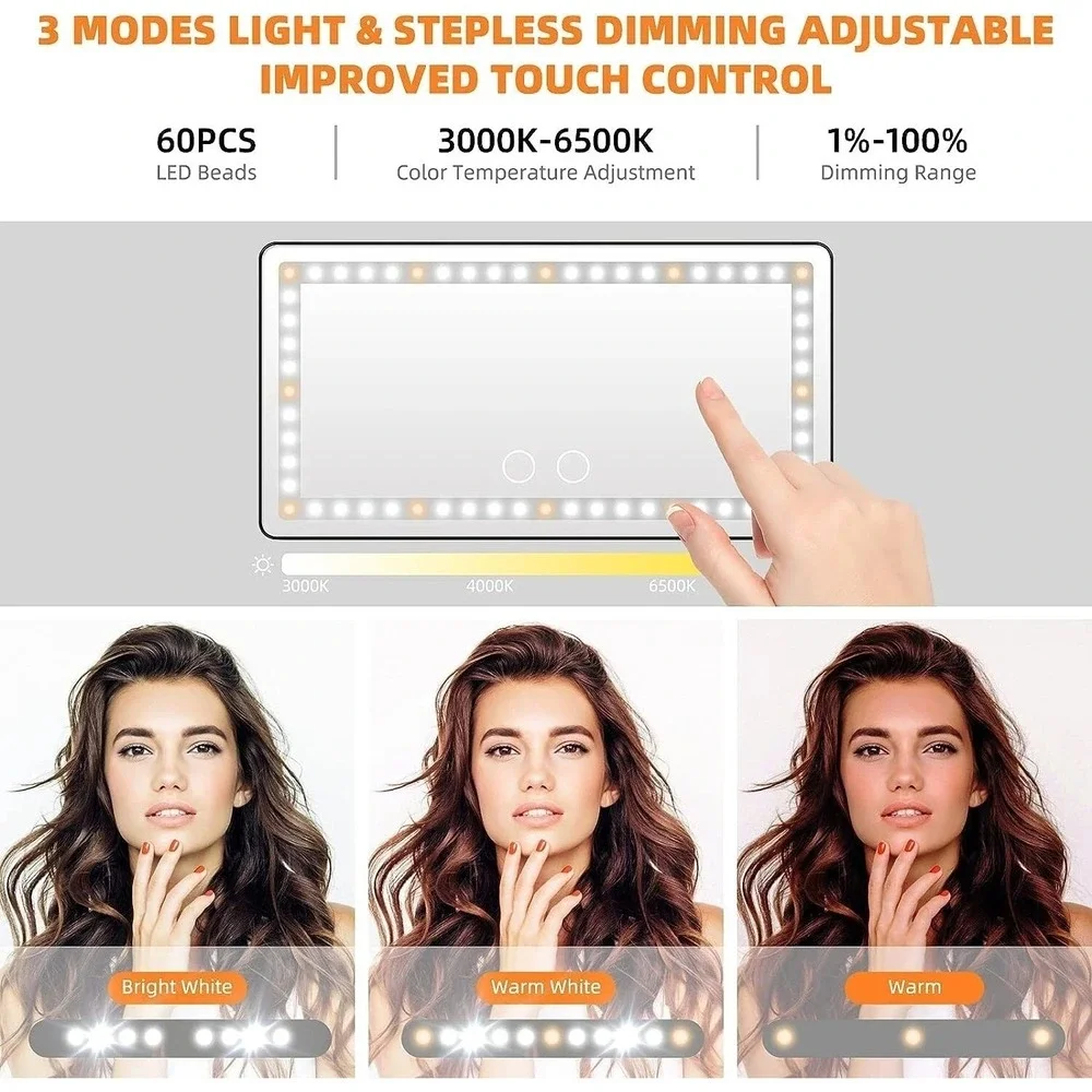 60 LED Car Sun Visor Vanity Mirror Rechargeable 3 Light Modes Stepless Dimming